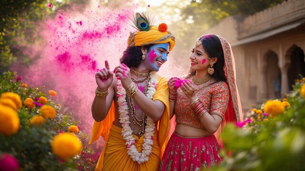 Krishna and Radha in a Colorful Celebration