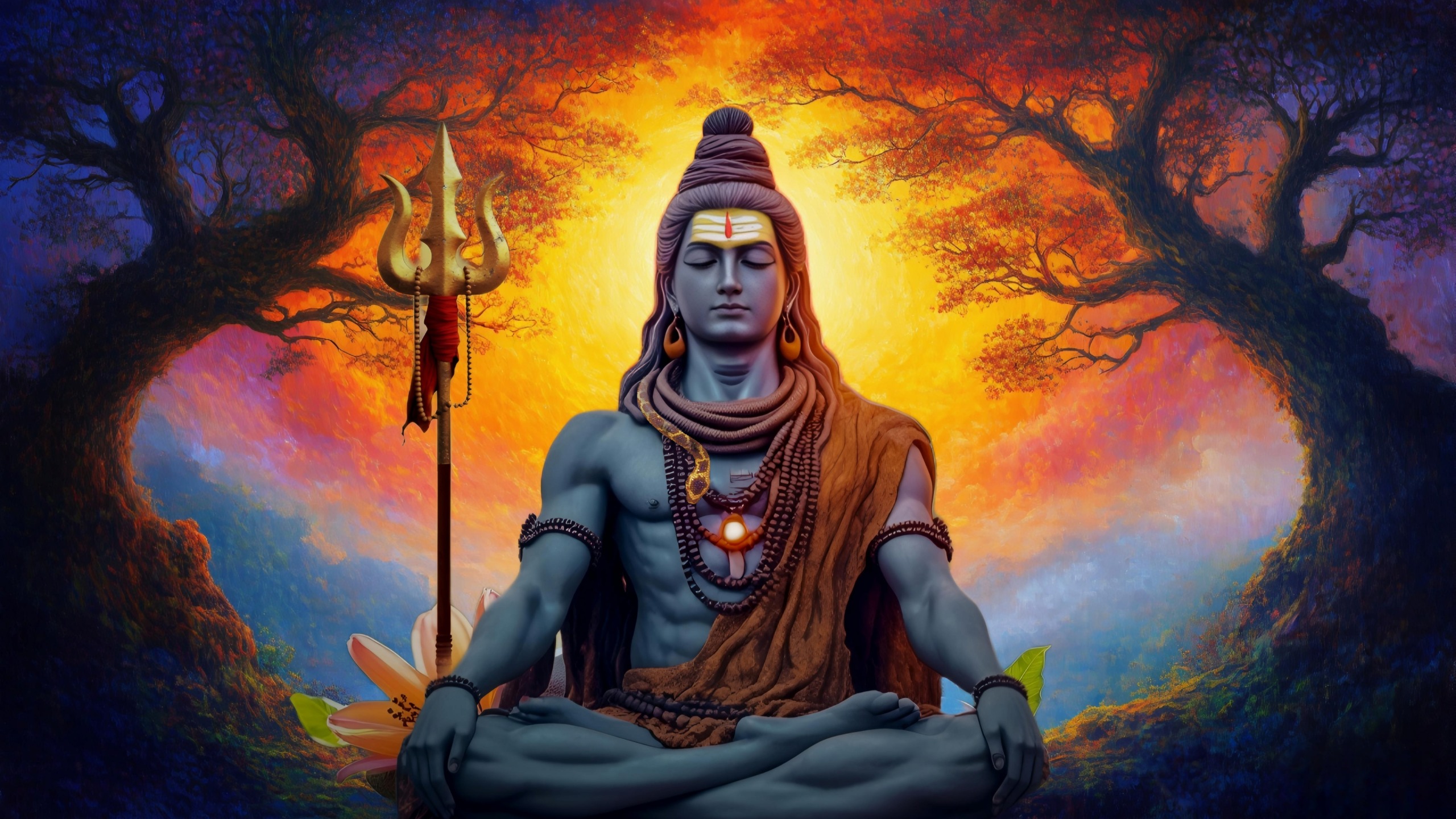 Meditating Lord Shiva with Trishul in Spiritual Sunset Forest – HD Wallpaper 1 Meditating Lord Shiva with Trishul