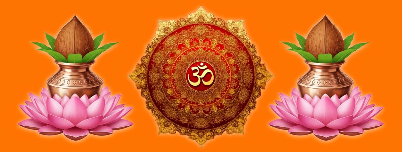 Sanatan Art – Spiritual & Divine Digital Art Collection 1 Sanatan Art Hero Image with Om Symbol, Kalash and Lotus – Hindu Spiritual Wallpaper Banner
