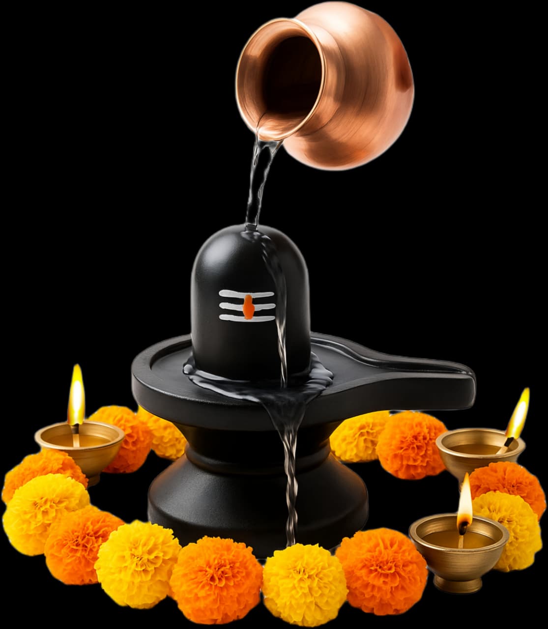 Shivling Jala Abhishek HD Wallpaper – Sacred Ritual of Lord Shiva with Marigolds & Diyas 1 Shivling Jala Abhishek HD Wallpaper