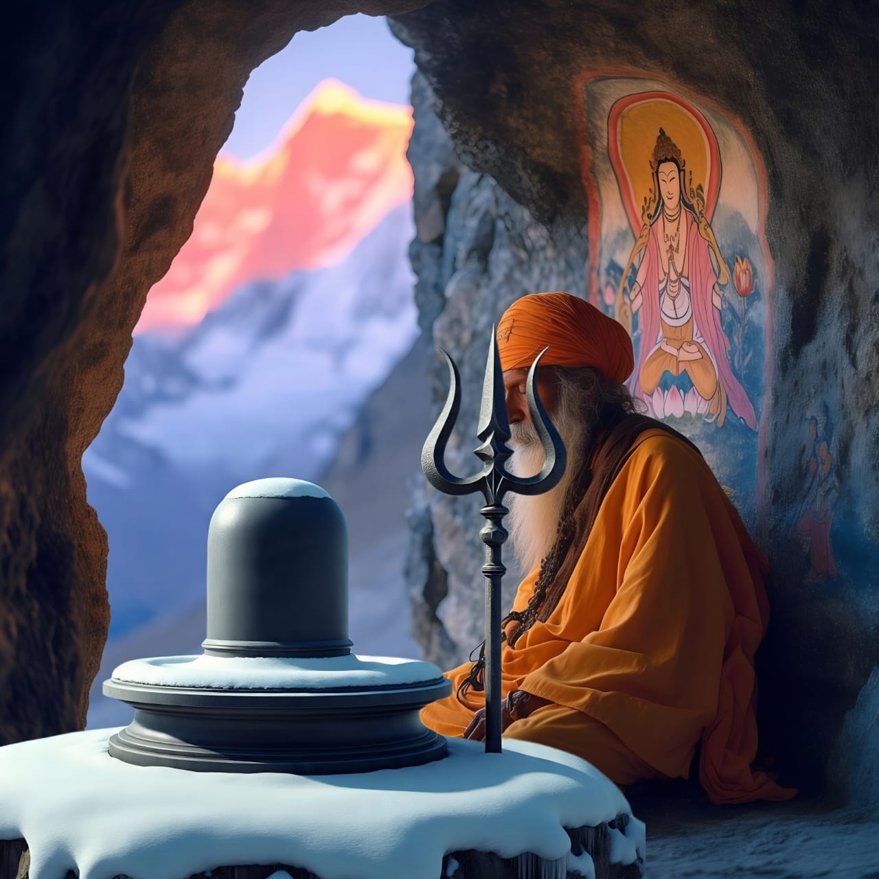 Himalayan Sadhu Meditating Before Shiva Lingam Divine Trishul and Spiritual Cave HD Images free